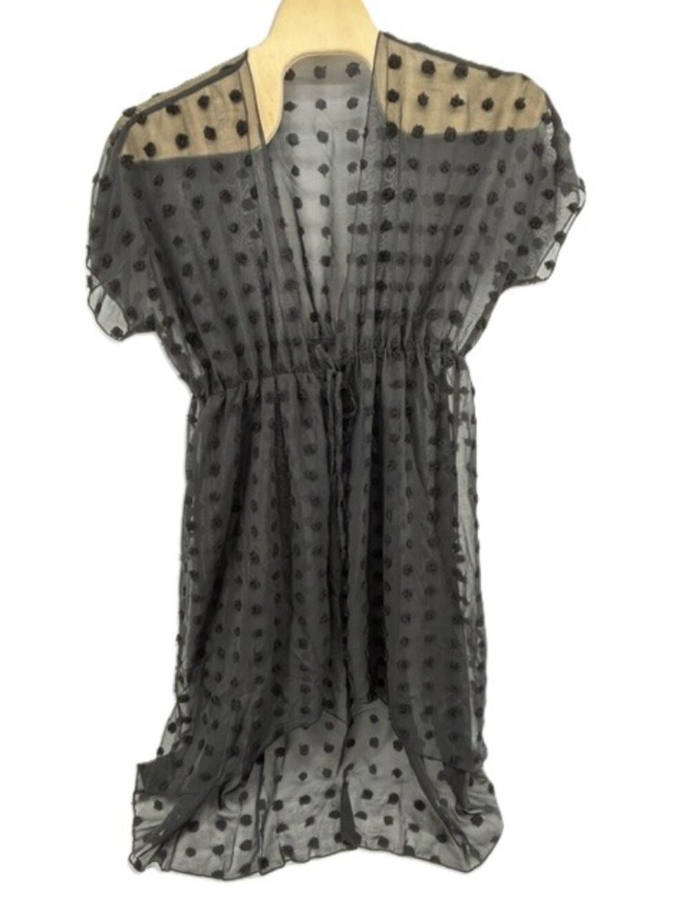 Swiss Dot Black Maxi Kimono Plus Size 1XL Hi Low Beach Style Coverup Duster